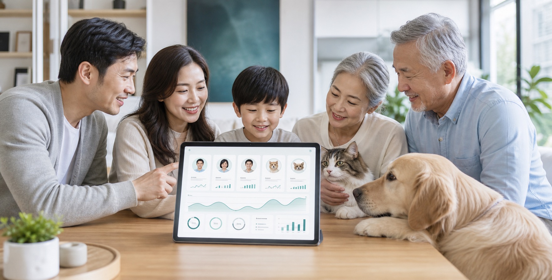 A connected family wellbeing scene with parents, grandparents, a cat, and a dog