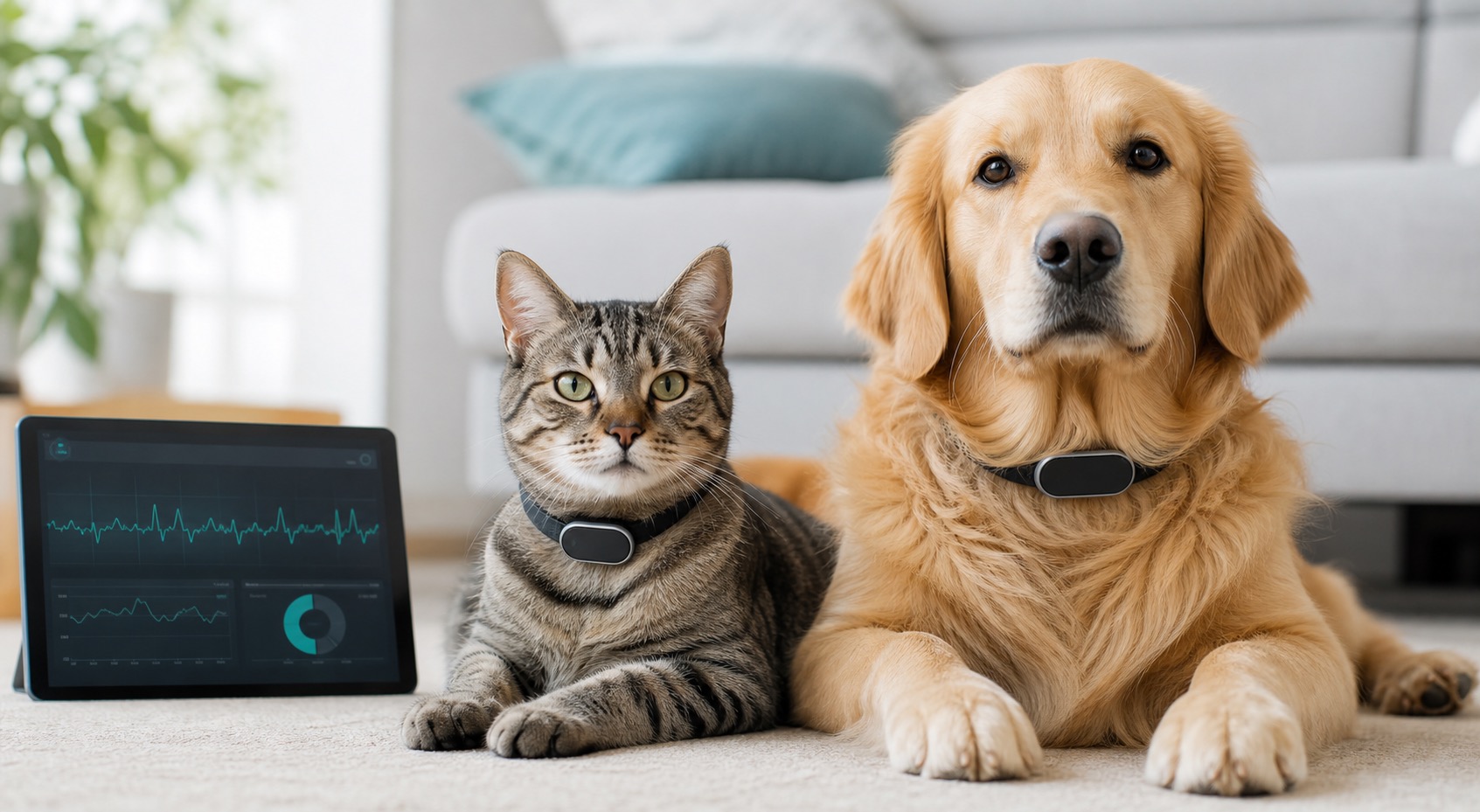 Cat and dog wearing PetraQ-style monitoring collars beside a physiological dashboard