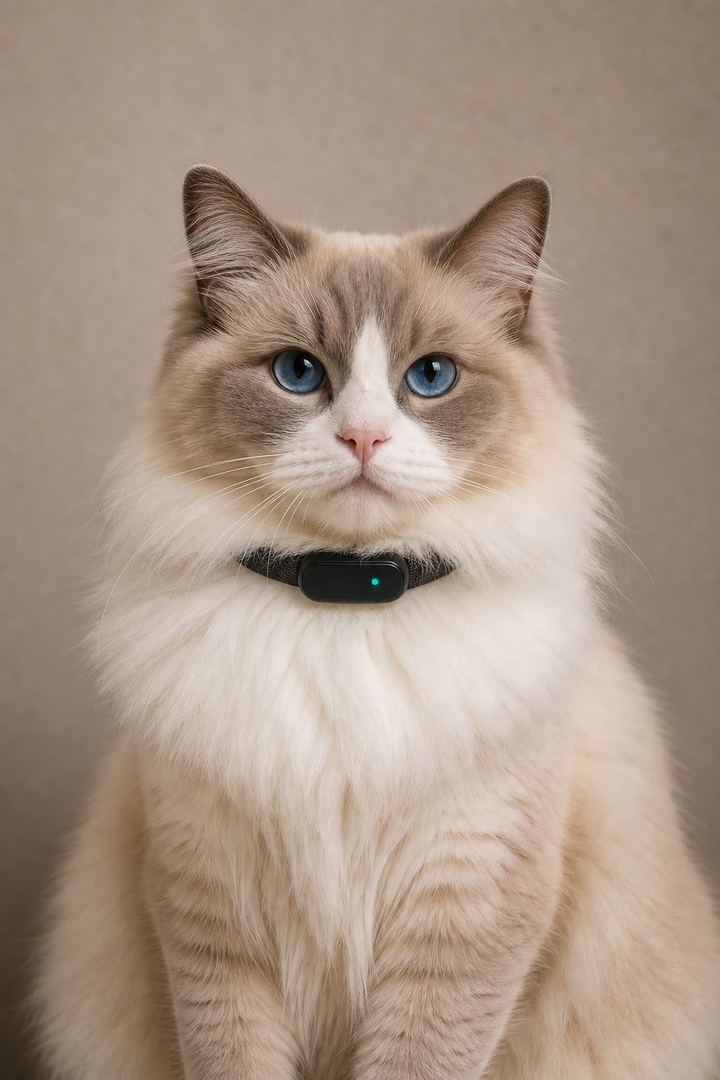 A cat wearing a PetraQ-style monitoring collar