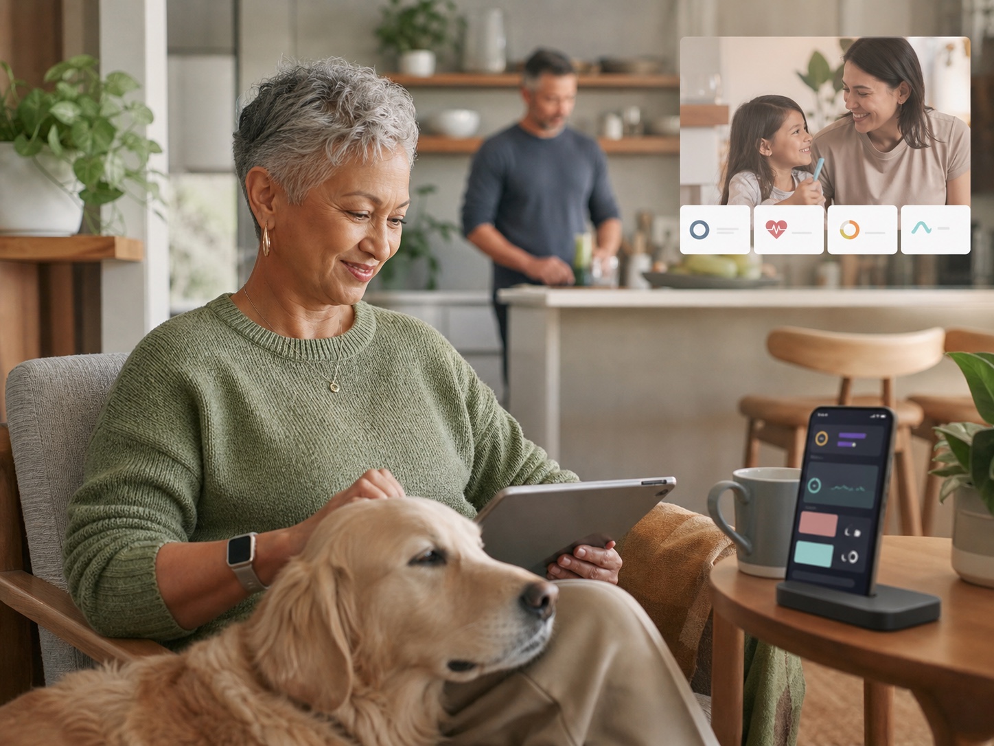 A connected family wellbeing scene with an older parent and pet