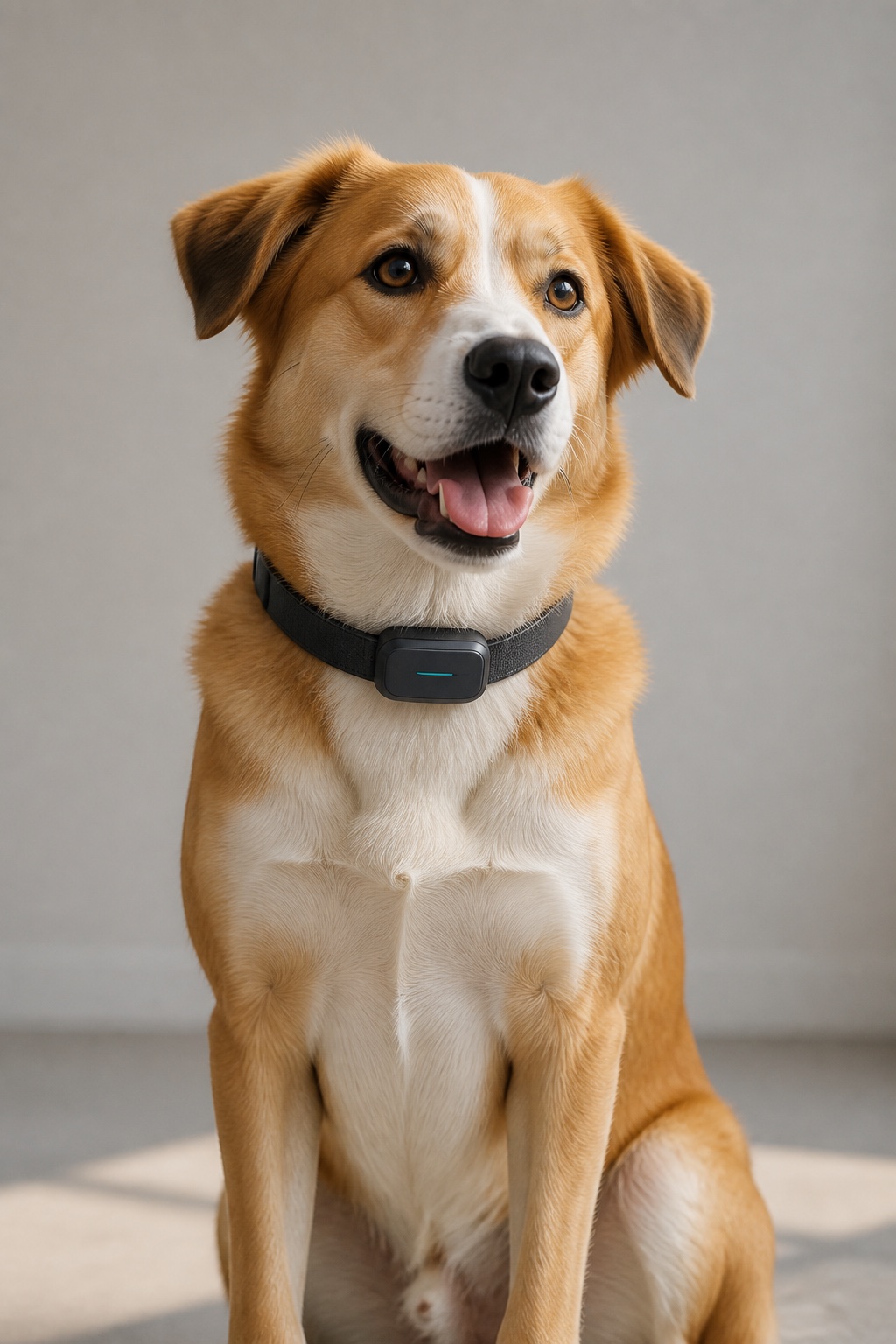 A dog wearing a PetraQ-style monitoring collar