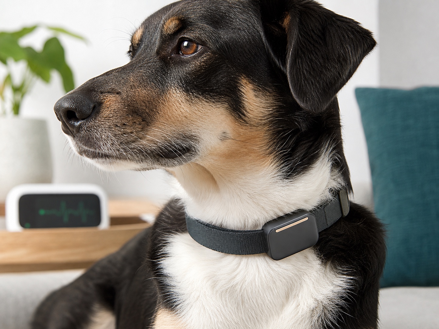 A dog wearing a sleek smart collar