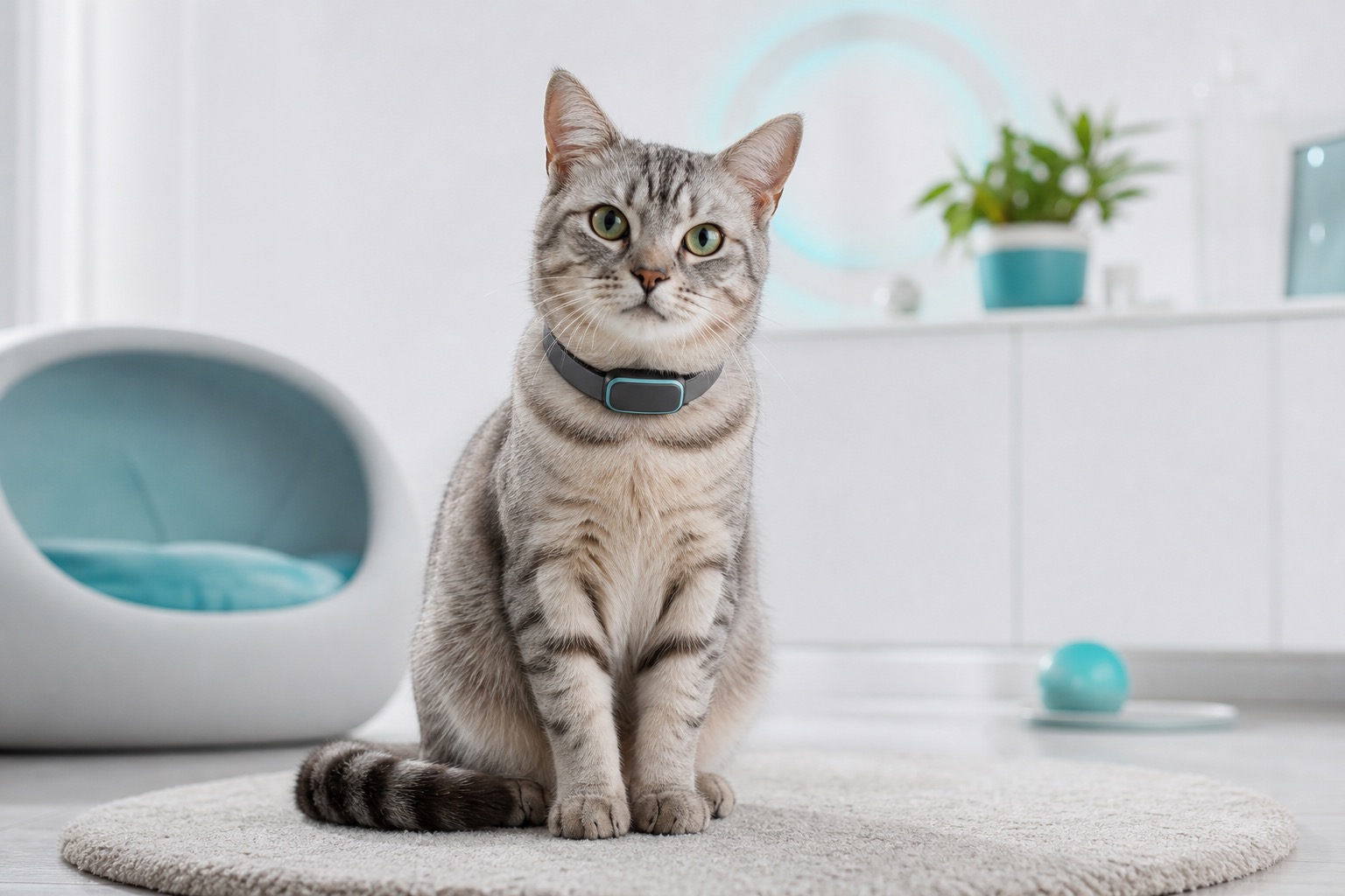 A cat wearing a PetraQ-style monitoring collar