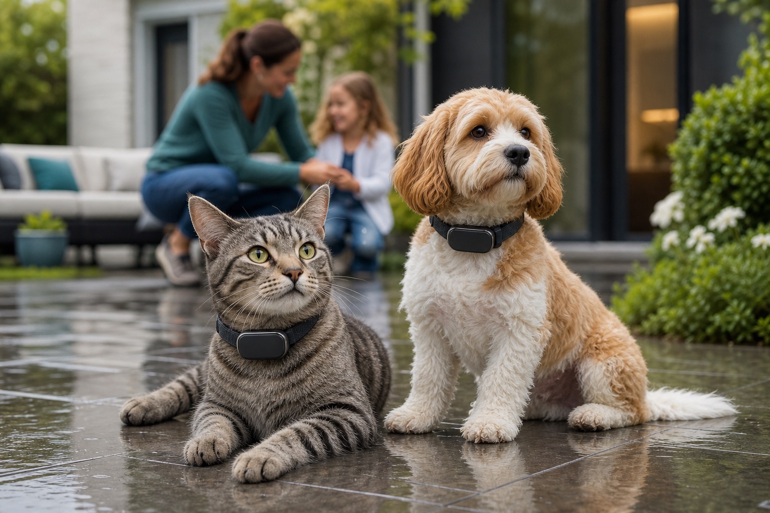 A dog and cat wearing PetraQ-style monitoring collars